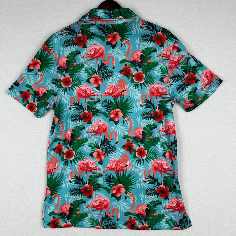 Yatta Golf Mens S‎ Flamingo Tropical Floral Performance Polo Shirt Turquoise AOP